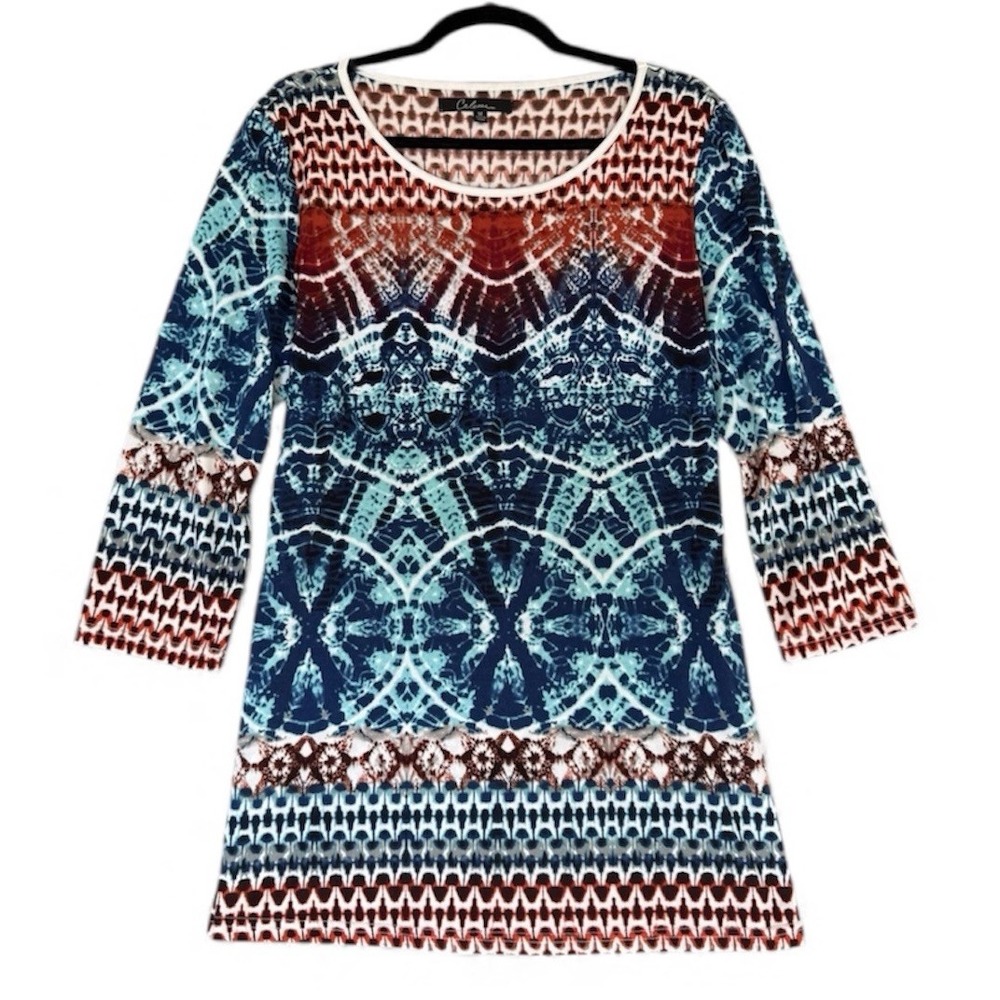 Calessa Tunic Top Womens Medium‎ Multicolor Stretchy Artsy Boho Chic Hippie